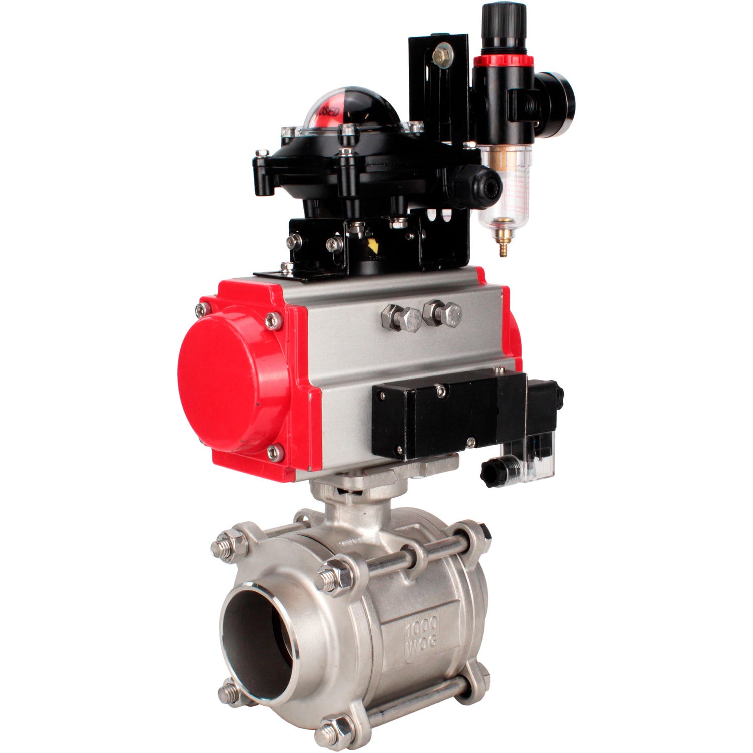 Ball valves Elephant BV3232P(3pc)-FP-W-ISO-H WDVF DN15-32 63 bar full bore, body - 316 stainless steel, seal - PTFE, for welding, with PA-DA pneumatic actuator, pneumatic distributor 4M310-08 NAMUR 220V, LSU APL-210N, ATU AFC2000