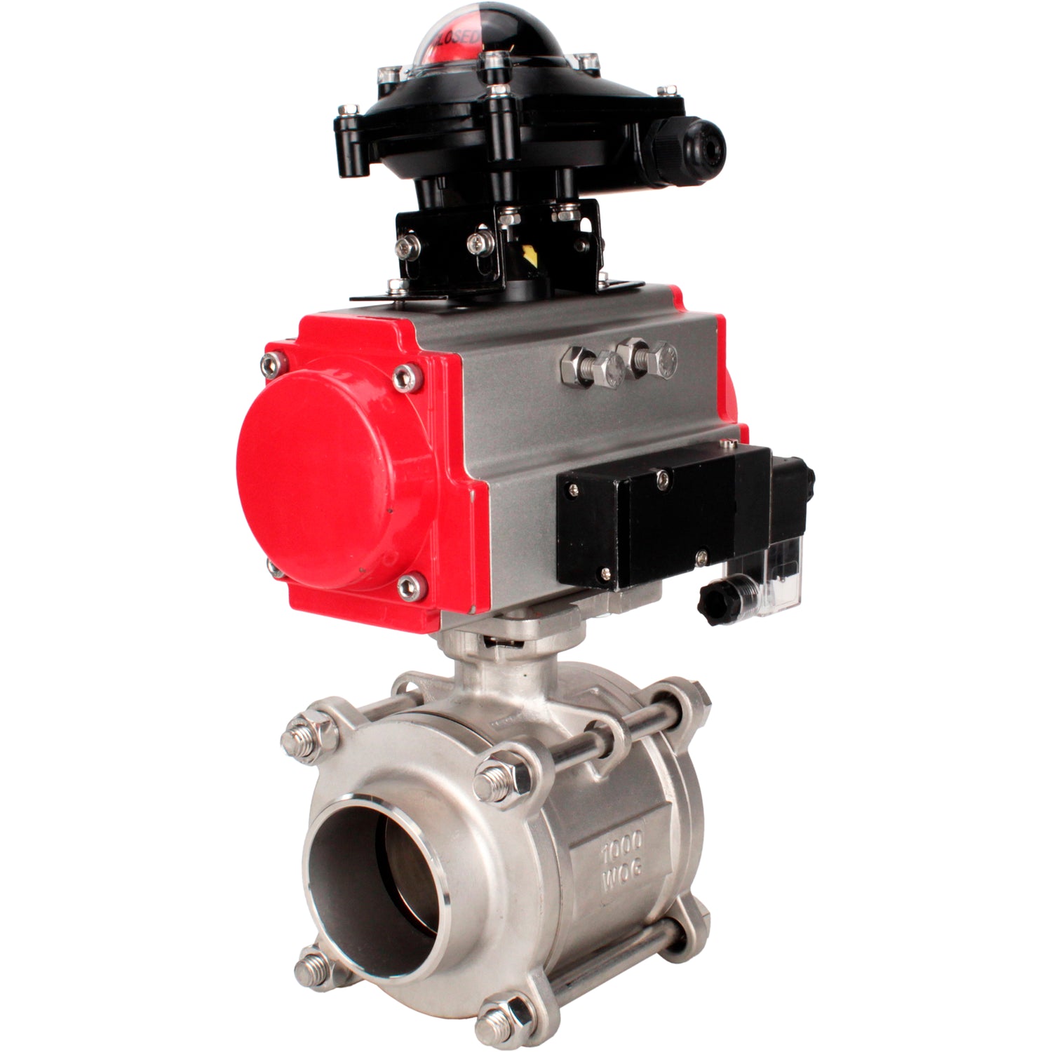 Ball valves Elephant BV3232P(3pc)-FP-W-ISO-H WDVF DN15-32 63 bar full bore, body - 316 stainless steel, seal - PTFE, for welding, with PA-DA pneumatic actuator, pneumatic distributor 4M310-08 NAMUR 220V, LSU APL-210N