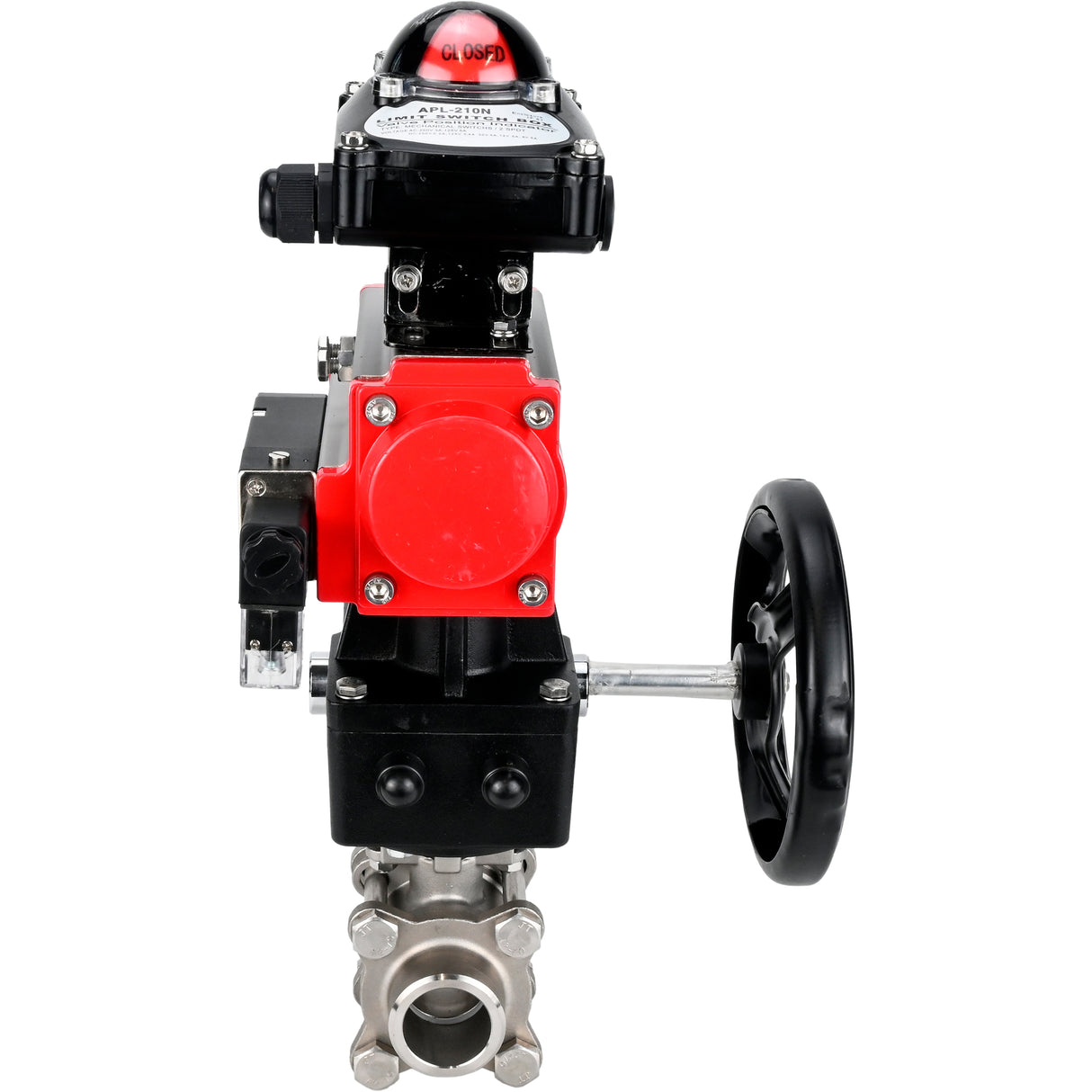 Ball valves Elephant BV3232P(3pc)-FP-W-ISO-H WDVF DN15-32 63 bar full bore, 316 stainless steel, seal - PTFE, for welding, with PA-DA pneumatic actuator, pneumatic distributor 4M310-08 NAMUR 220V, LSU APL-210N, manual backup for MON