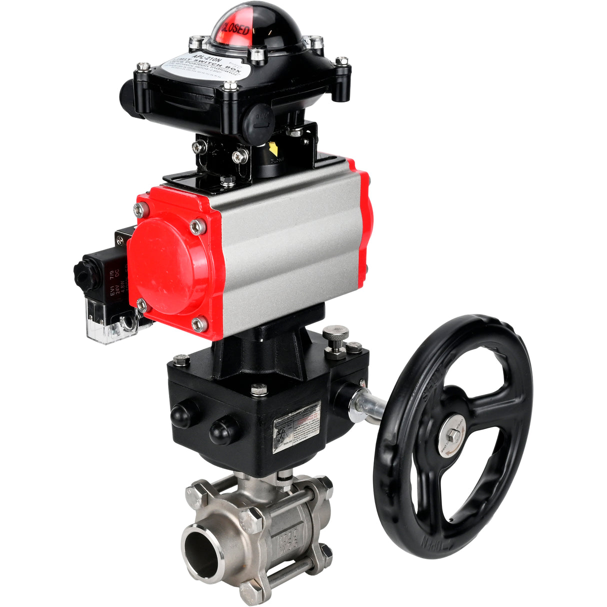 Ball valves Elephant BV3232P(3pc)-FP-W-ISO-H WDVF DN15-32 63 bar full bore, 316 stainless steel, seal - PTFE, for welding, with PA-DA pneumatic actuator, pneumatic distributor 4M310-08 NAMUR 220V, LSU APL-210N, manual backup for MON