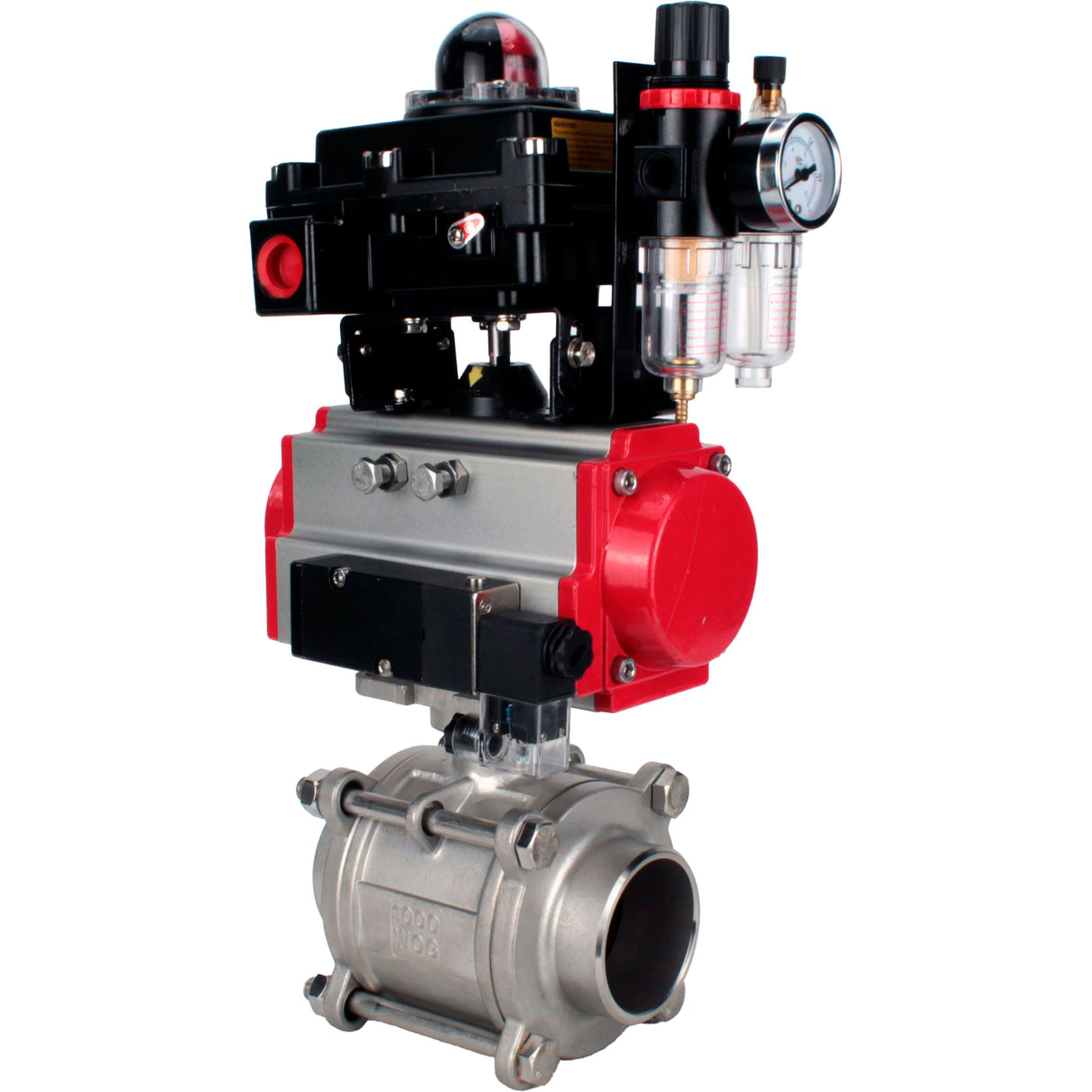 Ball valves Elephant BV3232P(3pc)-FP-W-ISO-H WDVF DN15-32 63 bar full bore, body - 316 stainless steel, seal - PTFE, for welding, with PA-SA pneumatic actuator, pneumatic distributor 4M310-08 NAMUR 220V, LSU APL-410N EX, ATU AFC2000