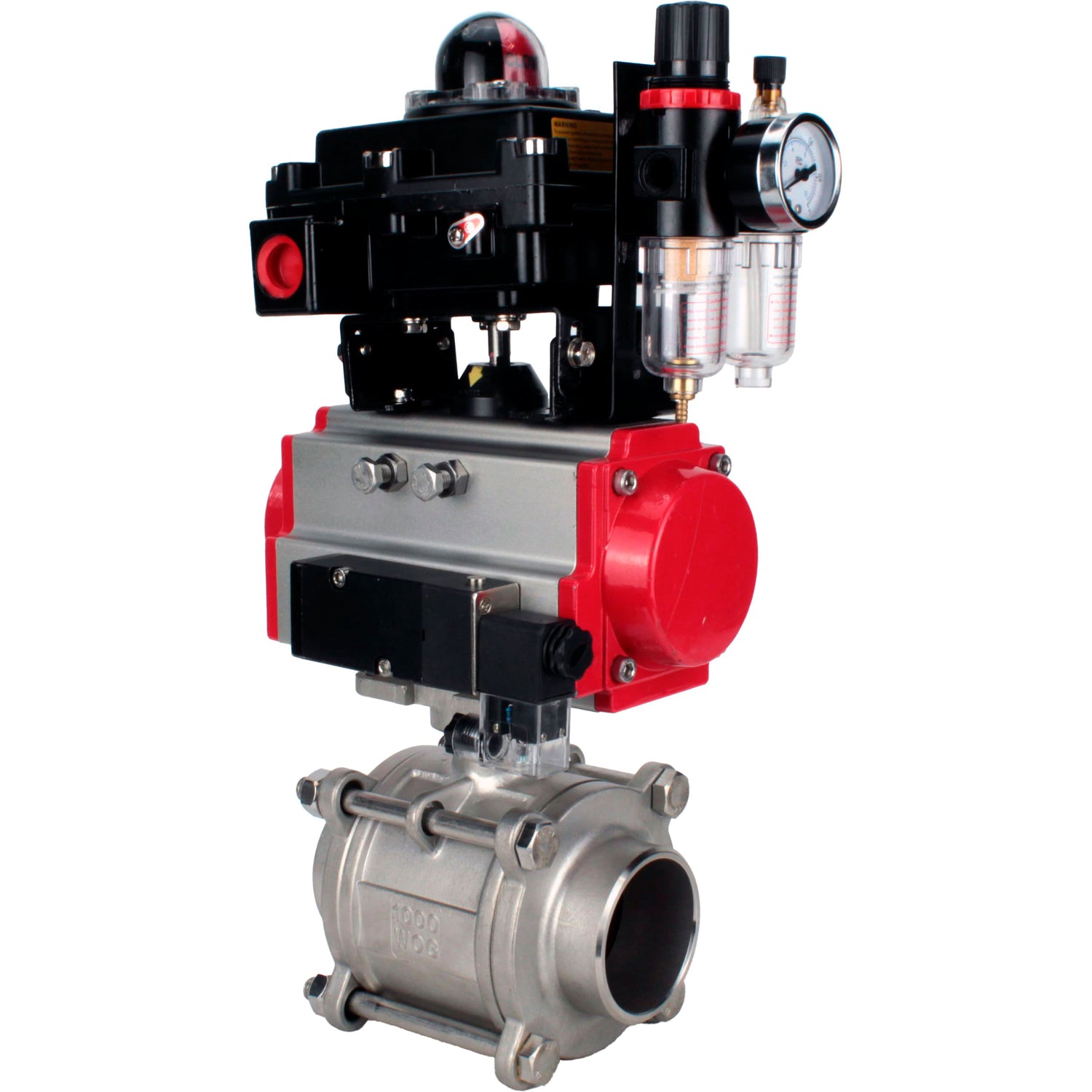 Ball valves Elephant BV3232P(3pc)-FP-W-ISO-H WDVF DN15-32 63 bar full bore, body - 316 stainless steel, seal - PTFE, for welding, with PA-SA pneumatic actuator, pneumatic distributor 4M310-08 NAMUR 220V, LSU APL-410N EX, ATU AFC2000