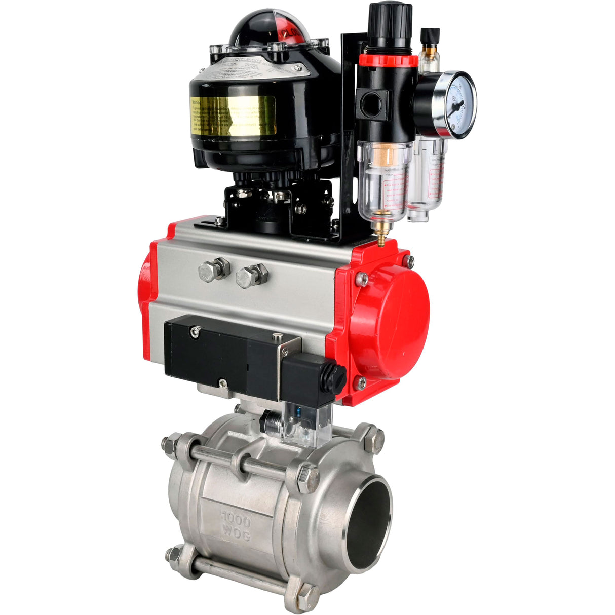 Ball valves Elephant BV3232P(3pc)-FP-W-ISO-H WDVF DN15-32 63 bar full bore, body - 316 stainless steel, seal - PTFE, for welding, with PA-SA pneumatic actuator, pneumatic distributor 4M310-08 NAMUR 24V, LSU APL-510N EX, ATU AFC2000