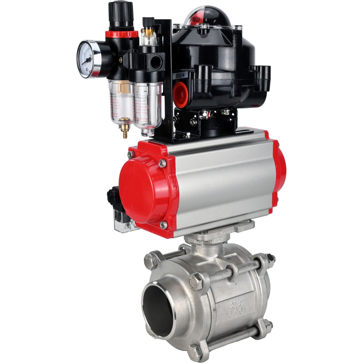 Ball valves Elephant BV3232P(3pc)-FP-W-ISO-H WDVF DN15-32 63 bar full bore, body - 316 stainless steel, seal - PTFE, for welding, with PA-SA pneumatic actuator, pneumatic distributor 4M310-08 NAMUR 24V, LSU APL-510N EX, ATU AFC2000