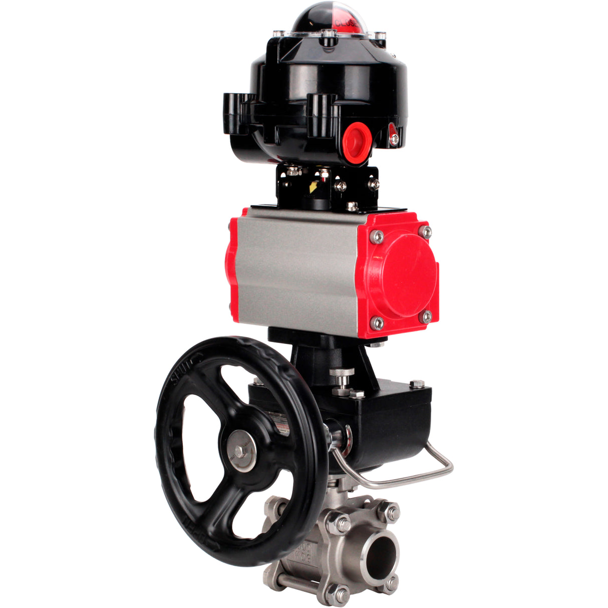 Ball valves Elephant BV3232P(3pc)-FP-W-ISO-H WDVF DN15-32 63 bar full bore, 316 stainless steel, seal - PTFE, for welding, with PA-DA pneumatic actuator, pneumatic distributor 4M310-08 NAMUR 24V, LSU APL-510N EX, manual backup for MON