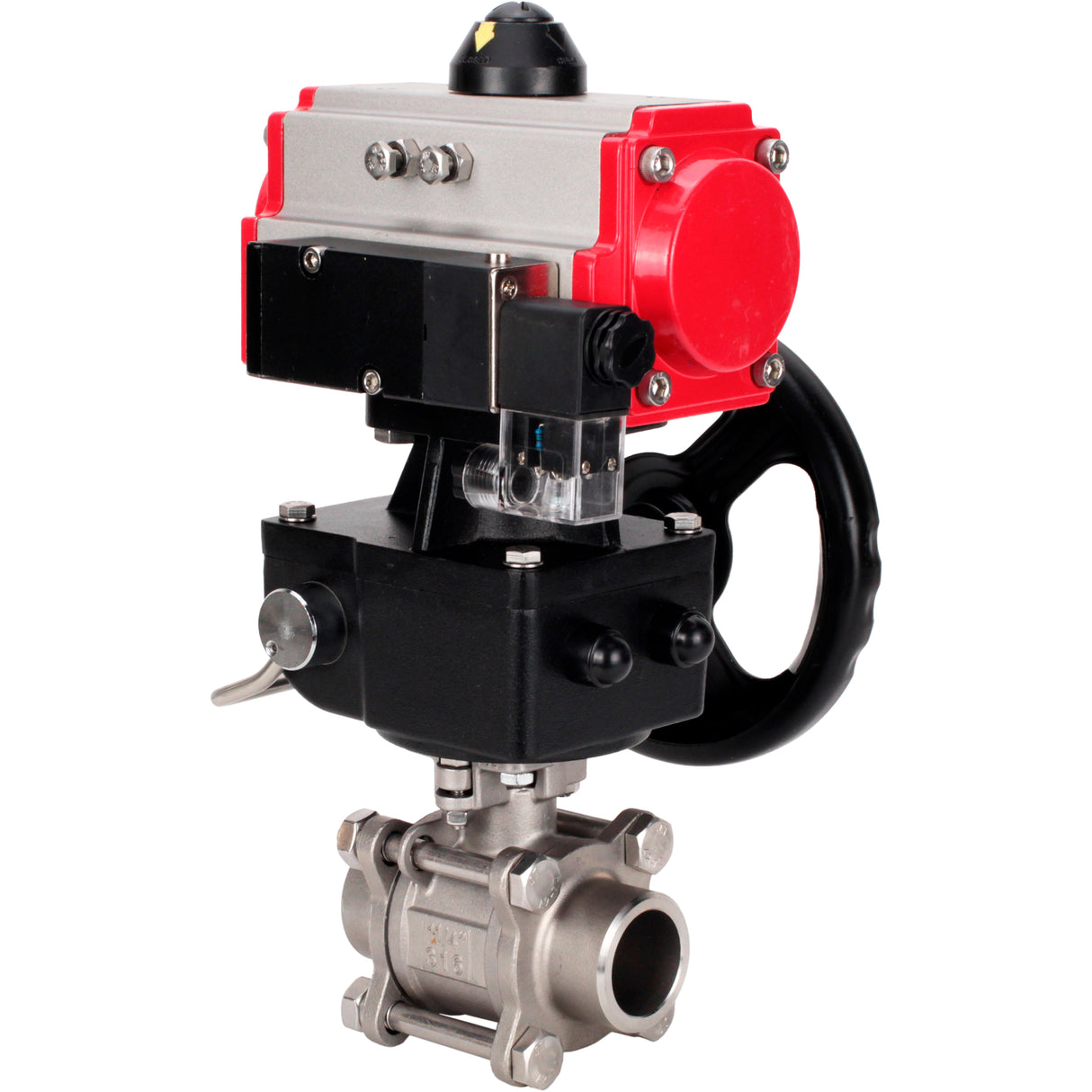 Ball valves Elephant BV3232P(3pc)-FP-W-ISO-H WDVF DN15-32 63 bar full bore, body - 316 stainless steel, seal - PTFE, for welding, with PA-DA pneumatic actuator, pneumatic distributor 4M310-08 NAMUR 24V, manual backup for MON