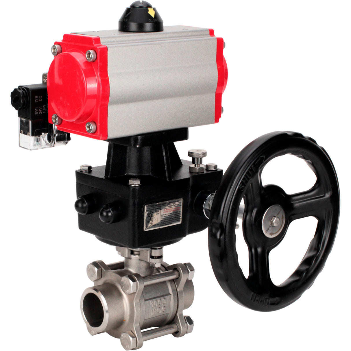 Ball valves Elephant BV3232P(3pc)-FP-W-ISO-H WDVF DN15-32 63 bar full bore, body - 316 stainless steel, seal - PTFE, for welding, with PA-DA pneumatic actuator, pneumatic distributor 4M310-08 NAMUR 24V, manual backup for MON