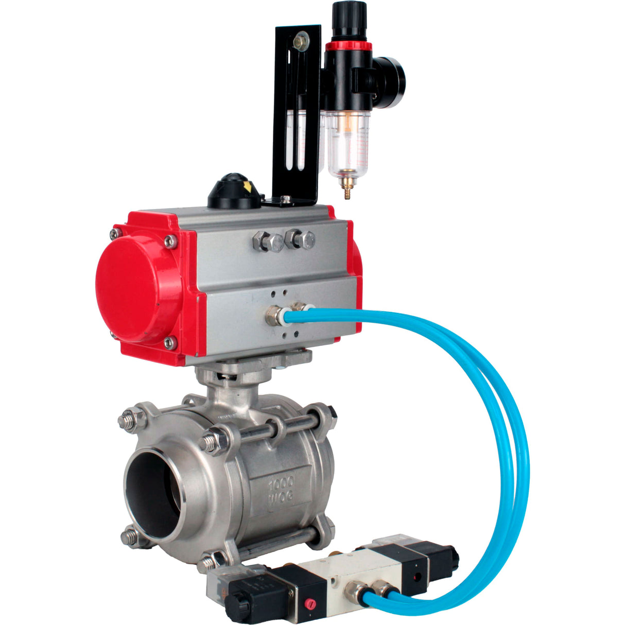 Ball valves Elephant BV3232P(3pc)-FP-W-ISO-H WDVF DN15-32 63 bar full bore, body - 316 stainless steel, seal - PTFE, for welding, with PA-SA pneumatic actuator, pneumatic distributor 4V320-08 220V, ATU AFC2000