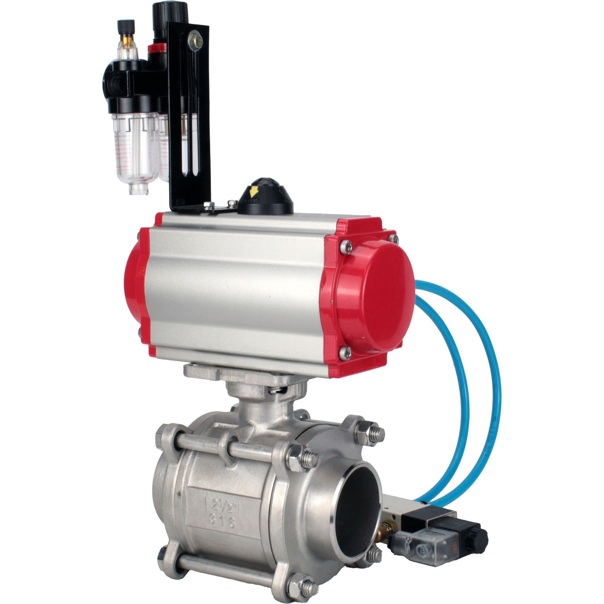 Ball valves Elephant BV3232P(3pc)-FP-W-ISO-H WDVF DN15-32 63 bar full bore, body - 316 stainless steel, seal - PTFE, for welding, with PA-SA pneumatic actuator, pneumatic distributor 4V320-08 220V, ATU AFC2000