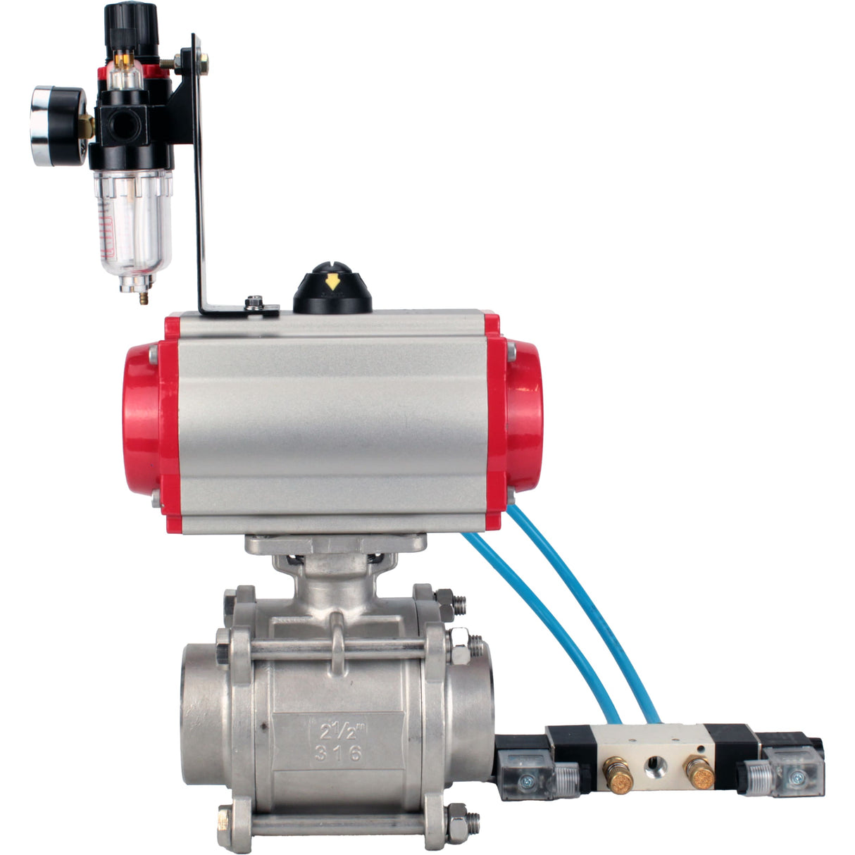 Ball valves Elephant BV3232P(3pc)-FP-W-ISO-H WDVF DN15-32 63 bar full bore, body - 316 stainless steel, seal - PTFE, for welding, with PA-SA pneumatic actuator, pneumatic distributor 4V320-08 220V, ATU AFC2000