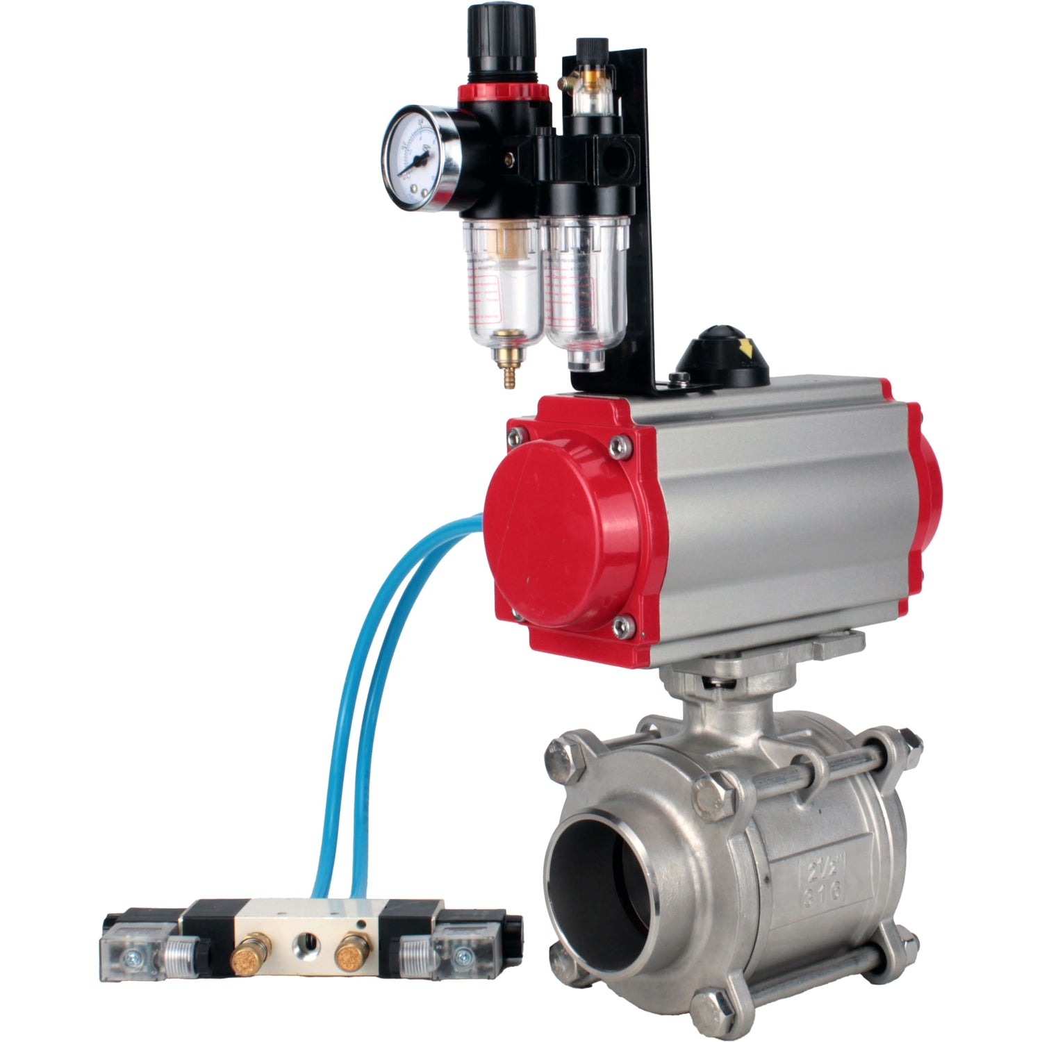 Ball valves Elephant BV3232P(3pc)-FP-W-ISO-H WDVF DN15-32 63 bar full bore, body - 316 stainless steel, seal - PTFE, for welding, with PA-SA pneumatic actuator, pneumatic distributor 4V320-08 220V, ATU AFC2000