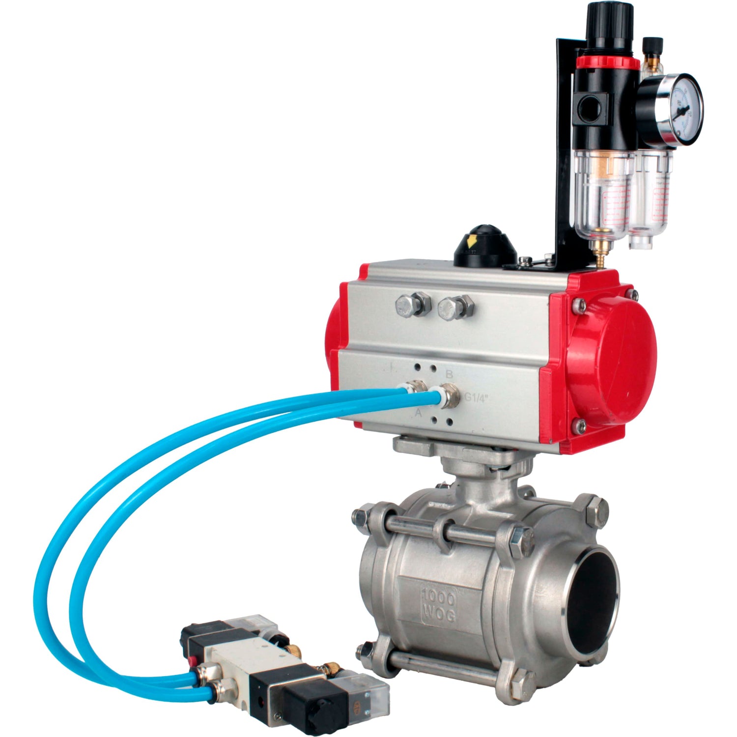 Ball valves Elephant BV3232P(3pc)-FP-W-ISO-H WDVF DN15-32 63 bar full bore, body - 316 stainless steel, seal - PTFE, for welding, with PA-SA pneumatic actuator, pneumatic distributor 4V320-08 220V, ATU AFC2000