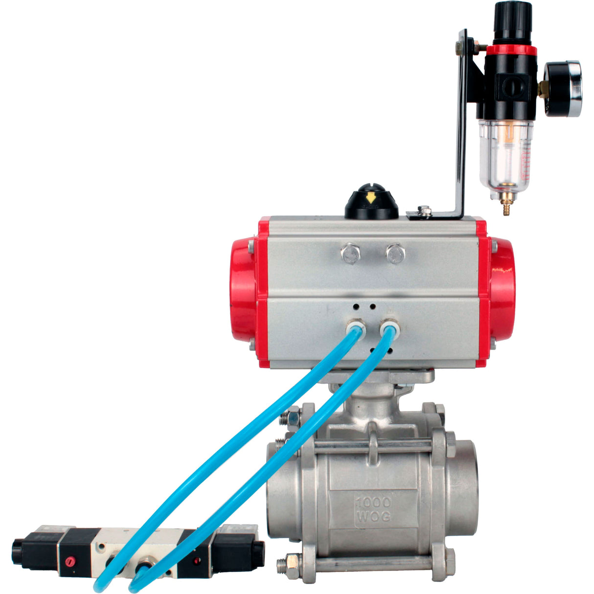 Ball valves Elephant BV3232P(3pc)-FP-W-ISO-H WDVF DN15-32 63 bar full bore, body - 316 stainless steel, seal - PTFE, for welding, with PA-SA pneumatic actuator, pneumatic distributor 4V320-08 220V, ATU AFC2000