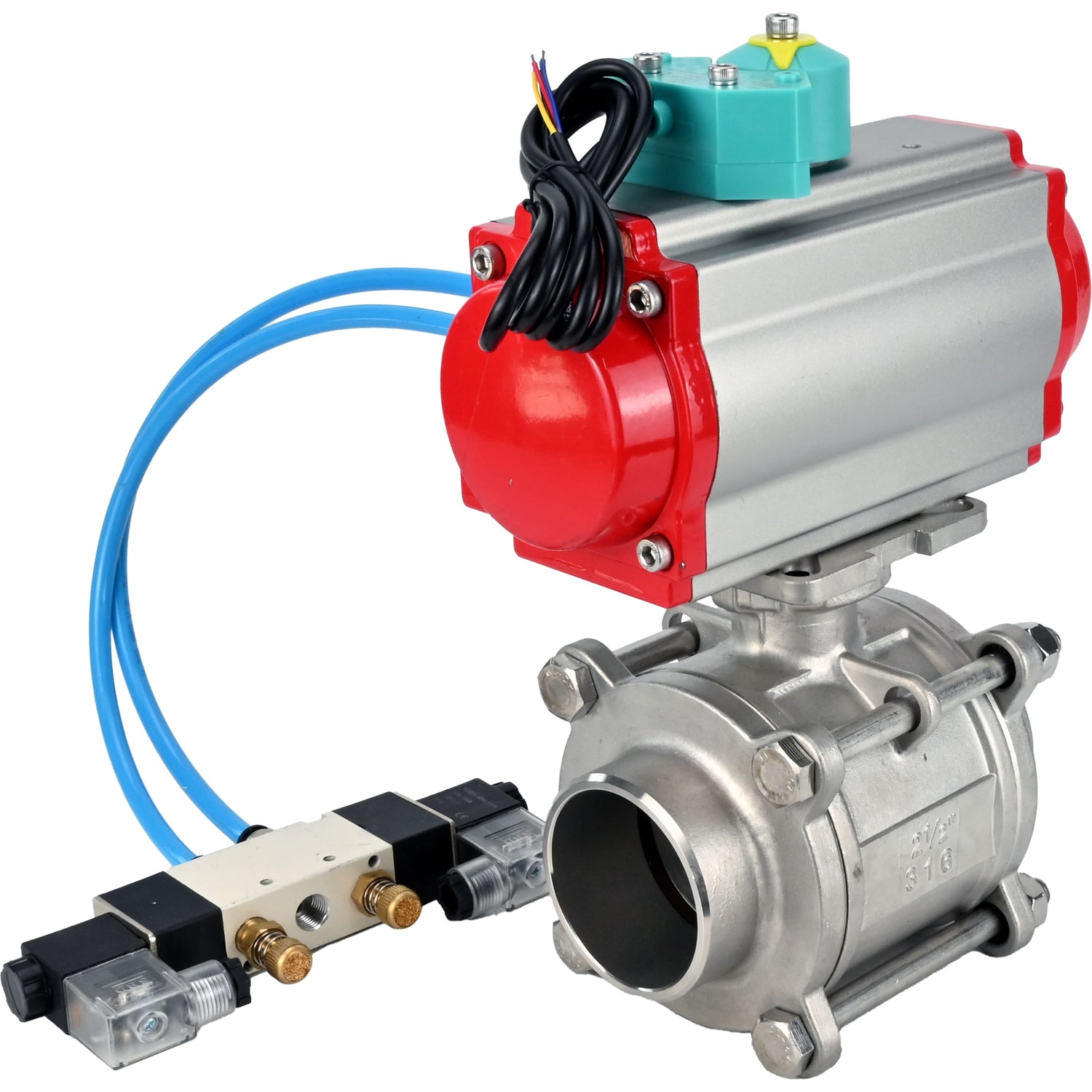 Ball valves Elephant BV3232P(3pc)-FP-W-ISO-H WDVF DN15-32 63 bar full bore, body - 316 stainless steel, seal - PTFE, for welding, with PA-DA pneumatic actuator, pneumatic distributor 4V320-10 220V and ALS200D magnetic switch