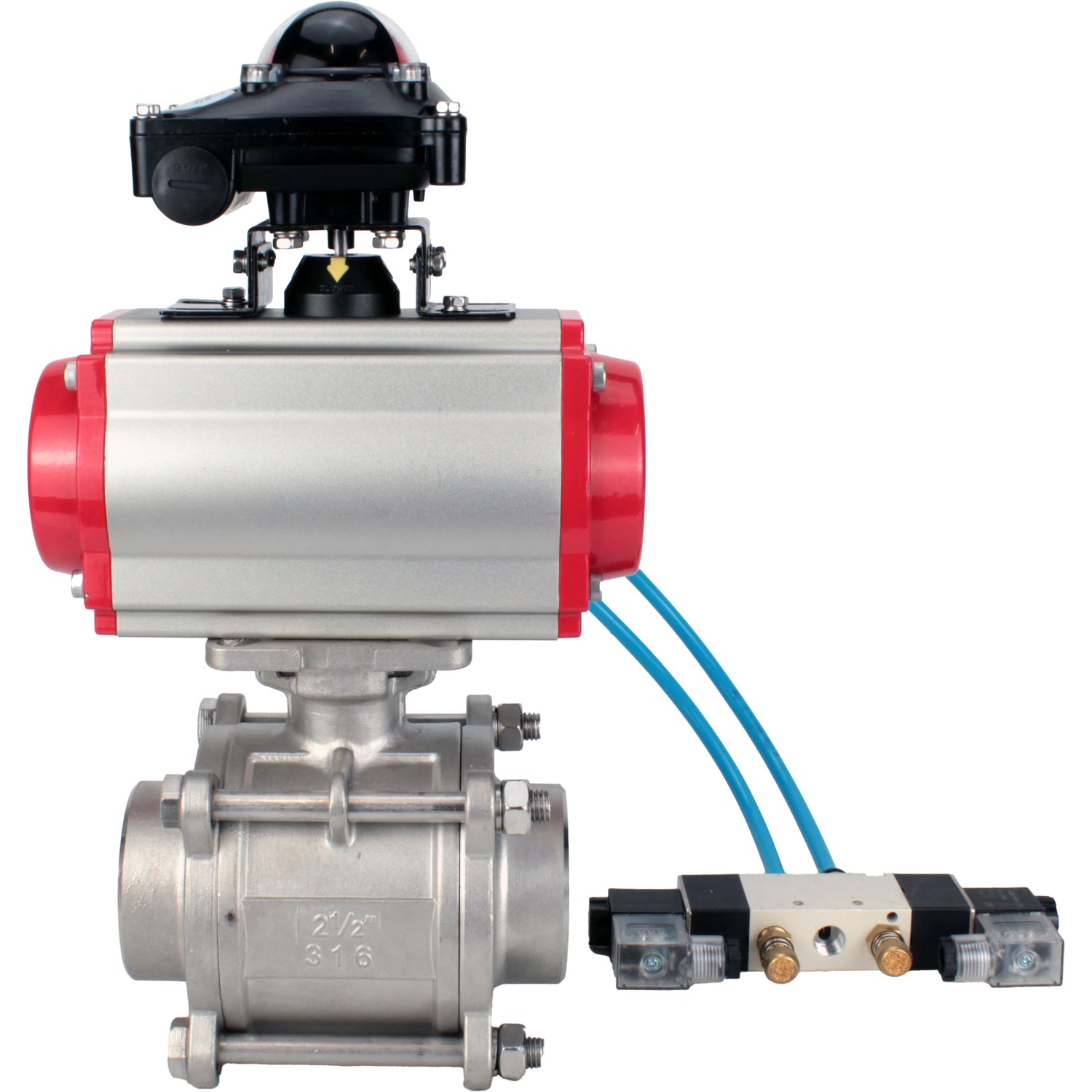 Ball valves Elephant BV3232P(3pc)-FP-W-ISO-H WDVF DN15-32 63 bar full bore, body - 316 stainless steel, seal - PTFE, for welding, with PA-DA pneumatic actuator, pneumatic distributor 4V320-10 220V, LSU APL-210N