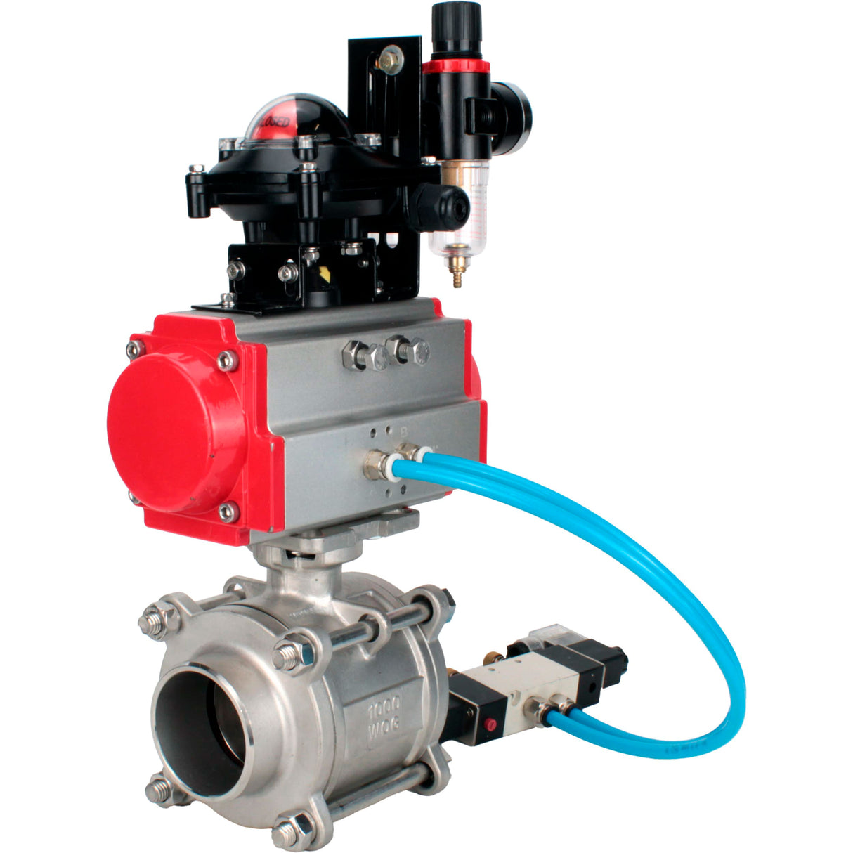 Ball valves Elephant BV3232P(3pc)-FP-W-ISO-H WDVF DN15-32 63 bar full bore, body - 316 stainless steel, seal - PTFE, for welding, with PA-DA pneumatic actuator, pneumatic distributor 4V320-08 220V, LSU APL-210N, ATU AFC2000