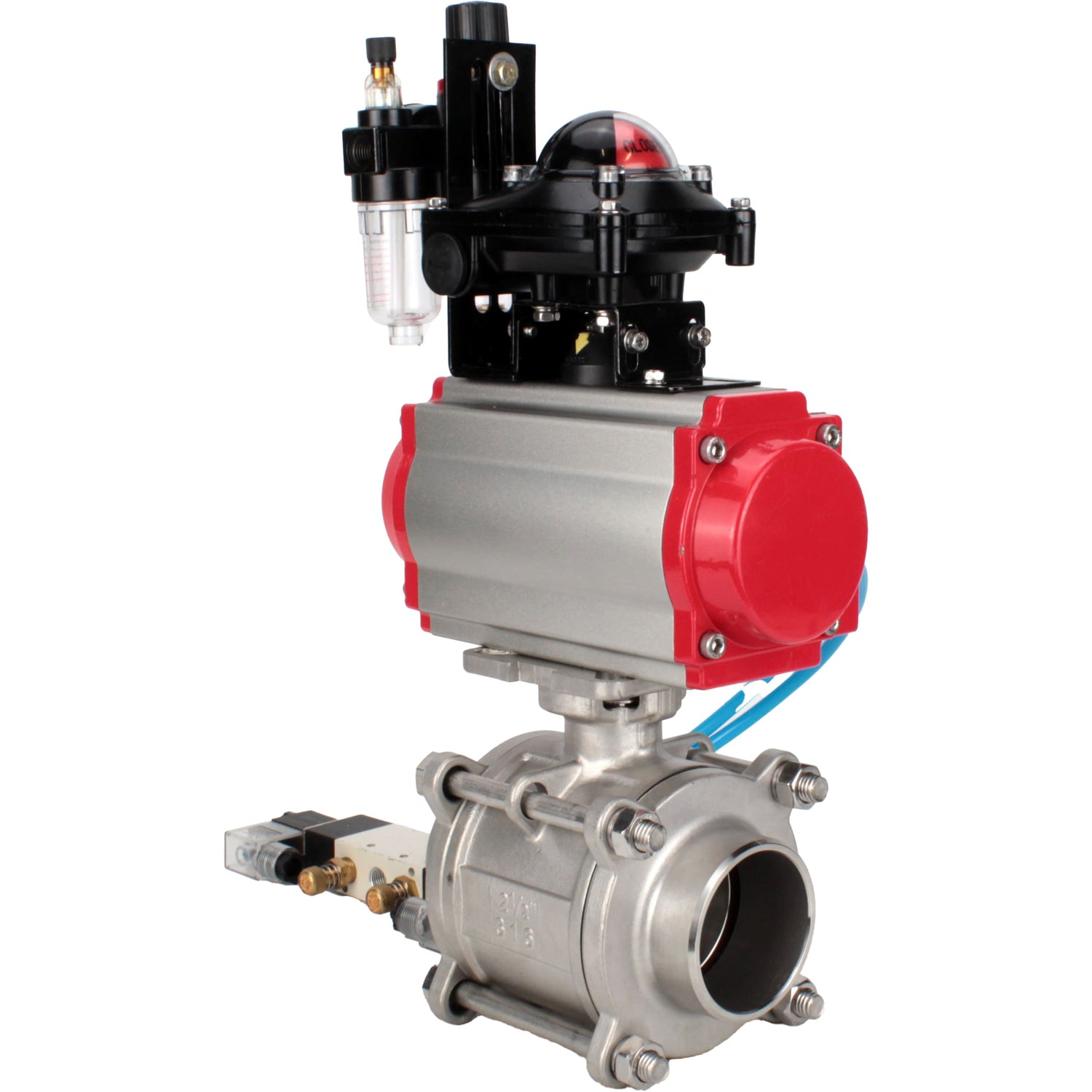 Ball valves Elephant BV3232P(3pc)-FP-W-ISO-H WDVF DN15-32 63 bar full bore, body - 316 stainless steel, seal - PTFE, for welding, with PA-DA pneumatic actuator, pneumatic distributor 4V320-08 220V, LSU APL-210N, ATU AFC2000