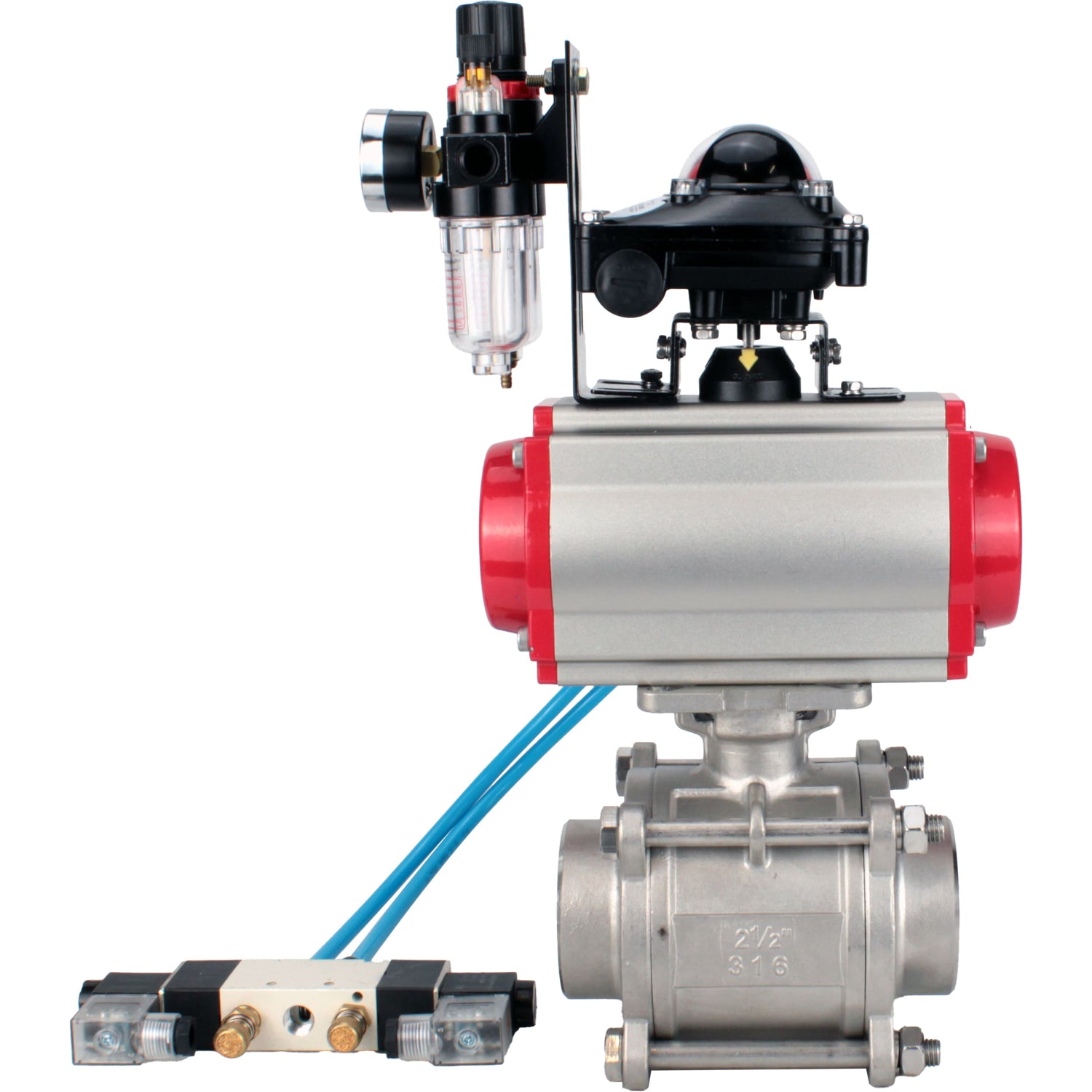 Ball valves Elephant BV3232P(3pc)-FP-W-ISO-H WDVF DN15-32 63 bar full bore, body - 316 stainless steel, seal - PTFE, for welding, with PA-DA pneumatic actuator, pneumatic distributor 4V320-08 220V, LSU APL-210N, ATU AFC2000