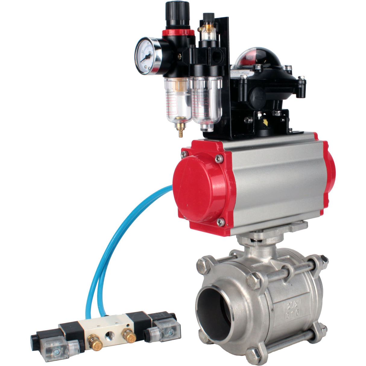 Ball valves Elephant BV3232P(3pc)-FP-W-ISO-H WDVF DN15-32 63 bar full bore, body - 316 stainless steel, seal - PTFE, for welding, with PA-DA pneumatic actuator, pneumatic distributor 4V320-08 220V, LSU APL-210N, ATU AFC2000