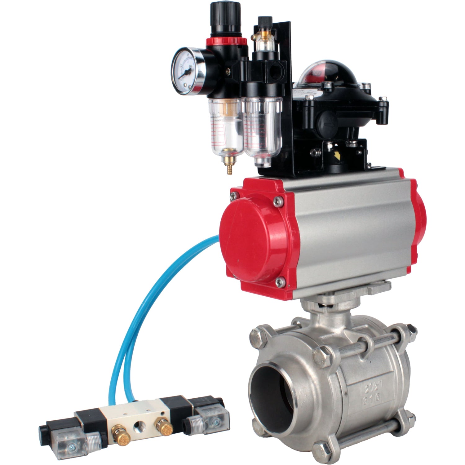 Ball valves Elephant BV3232P(3pc)-FP-W-ISO-H WDVF DN15-32 63 bar full bore, body - 316 stainless steel, seal - PTFE, for welding, with PA-DA pneumatic actuator, pneumatic distributor 4V320-08 220V, LSU APL-210N, ATU AFC2000