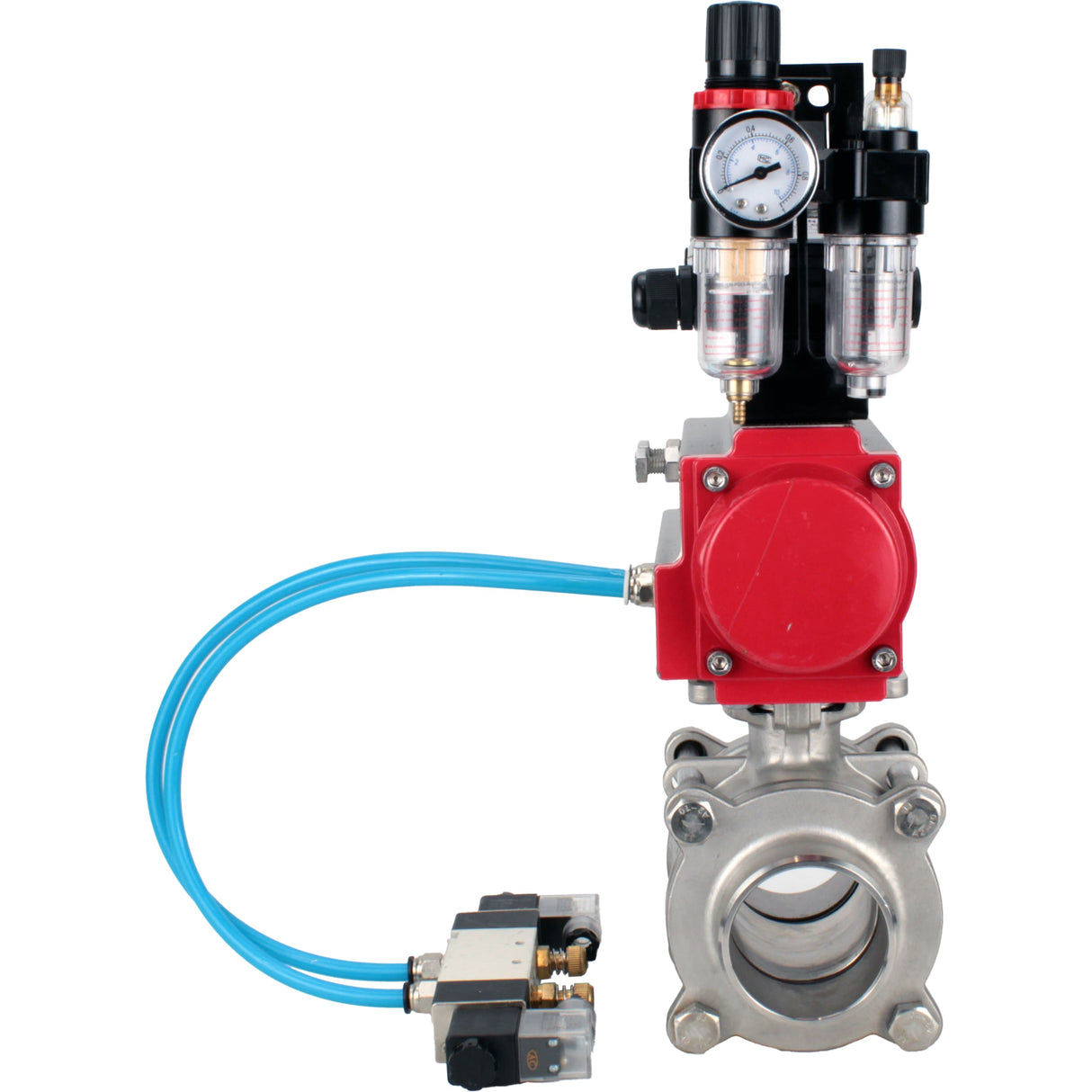 Ball valves Elephant BV3232P(3pc)-FP-W-ISO-H WDVF DN15-32 63 bar full bore, body - 316 stainless steel, seal - PTFE, for welding, with PA-DA pneumatic actuator, pneumatic distributor 4V320-08 220V, LSU APL-210N, ATU AFC2000