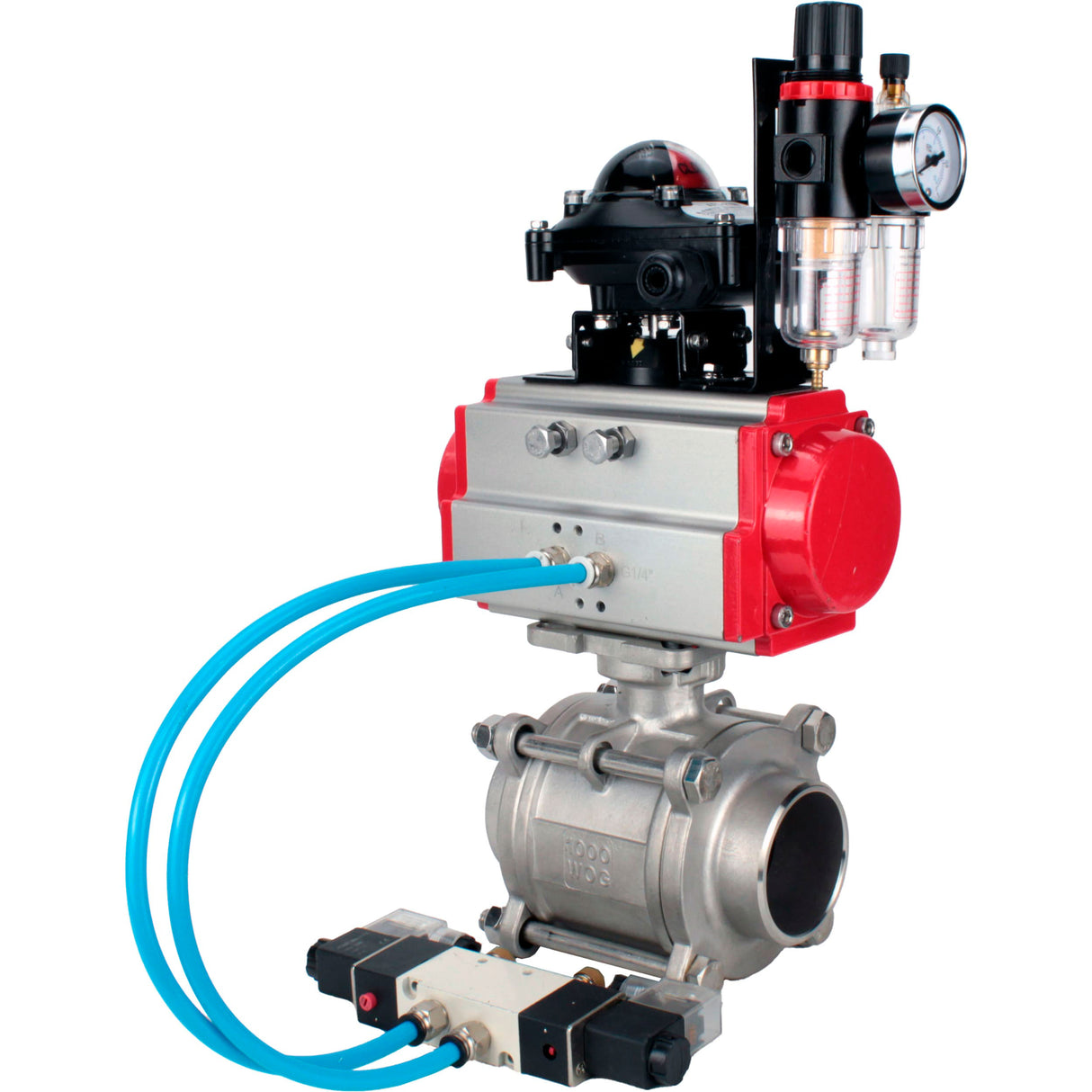 Ball valves Elephant BV3232P(3pc)-FP-W-ISO-H WDVF DN15-32 63 bar full bore, body - 316 stainless steel, seal - PTFE, for welding, with PA-DA pneumatic actuator, pneumatic distributor 4V320-08 220V, LSU APL-210N, ATU AFC2000