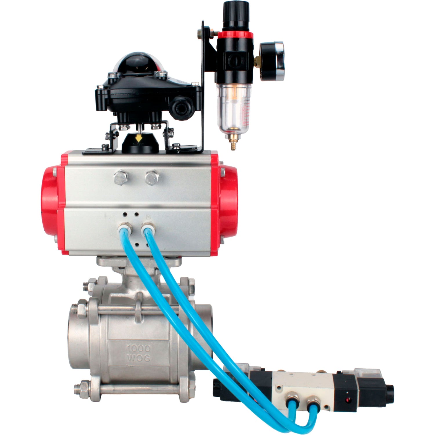 Ball valves Elephant BV3232P(3pc)-FP-W-ISO-H WDVF DN15-32 63 bar full bore, body - 316 stainless steel, seal - PTFE, for welding, with PA-DA pneumatic actuator, pneumatic distributor 4V320-08 220V, LSU APL-210N, ATU AFC2000