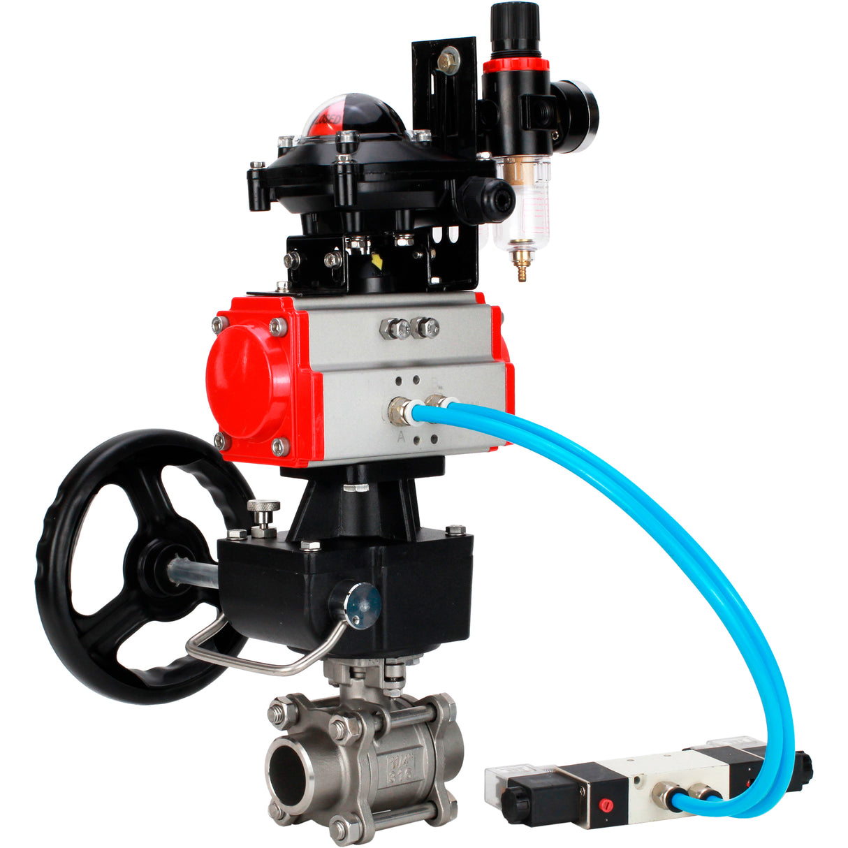 Ball valves Elephant BV3232P(3pc)-FP-W-ISO-H WDVF DN15-32 63 bar full bore, 316 stainless steel, seal - PTFE, for welding, with PA-DA pneumatic actuator, with pneumatic distributor 4V320-10 220V, LSU APL-210N, manual backup for MON, ATU AFC2000