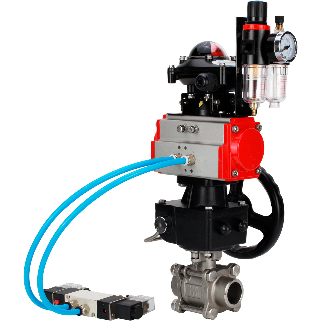 Ball valves Elephant BV3232P(3pc)-FP-W-ISO-H WDVF DN15-32 63 bar full bore, 316 stainless steel, seal - PTFE, for welding, with PA-DA pneumatic actuator, with pneumatic distributor 4V320-10 220V, LSU APL-210N, manual backup for MON, ATU AFC2000