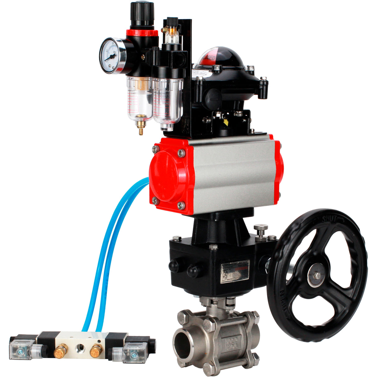 Ball valves Elephant BV3232P(3pc)-FP-W-ISO-H WDVF DN15-32 63 bar full bore, 316 stainless steel, seal - PTFE, for welding, with PA-DA pneumatic actuator, with pneumatic distributor 4V320-10 220V, LSU APL-210N, manual backup for MON, ATU AFC2000