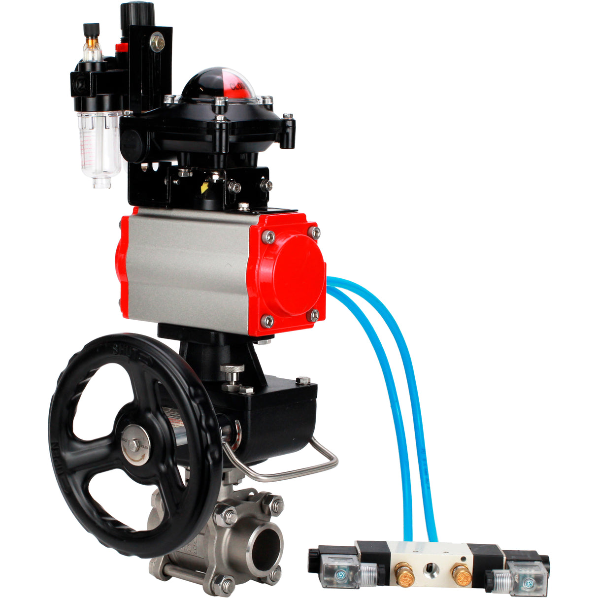 Ball valves Elephant BV3232P(3pc)-FP-W-ISO-H WDVF DN15-32 63 bar full bore, 316 stainless steel, seal - PTFE, for welding, with PA-DA pneumatic actuator, with pneumatic distributor 4V320-10 220V, LSU APL-210N, manual backup for MON, ATU AFC2000