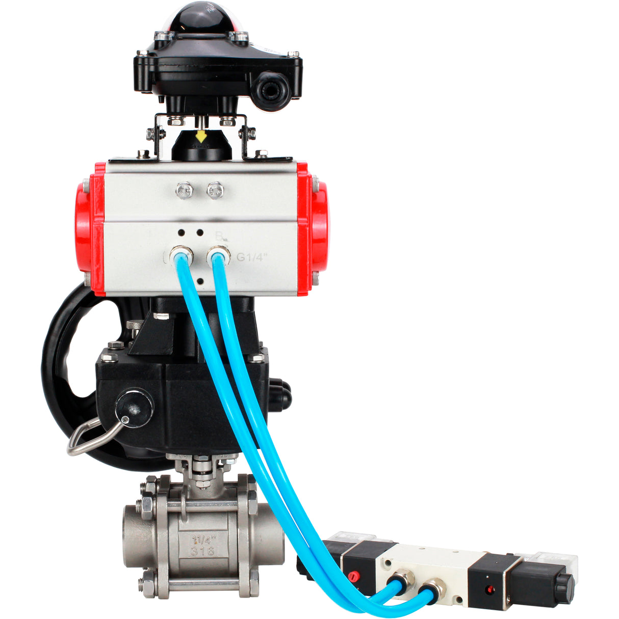 Ball valves Elephant BV3232P(3pc)-FP-W-ISO-H WDVF DN15-32 63 bar full bore, 316 stainless steel, seal - PTFE, for welding, with PA-DA pneumatic actuator, with pneumatic distributor 4V320-10 220V, LSU APL-210N, manual backup for MON