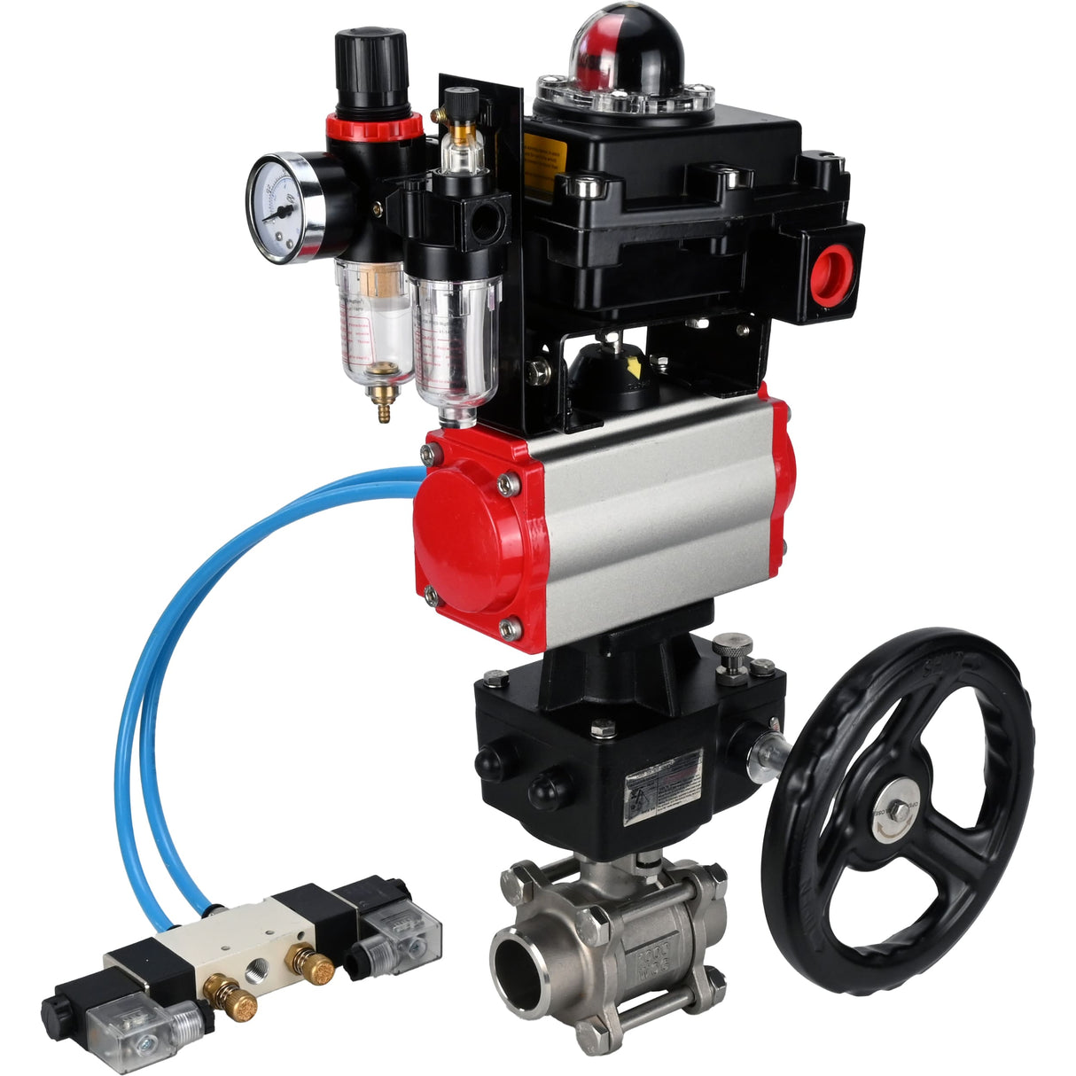 Ball valves Elephant BV3232P(3pc)-FP-W-ISO-H WDVF DN15-32 63 bar full bore, 316 stainless steel, PTFE, for welding, with PA-DA pneumatic actuator, pneumatic distributor 4V320-08 220V, LSU APL-410N EX, manual backup for MON, ATU AFC2000