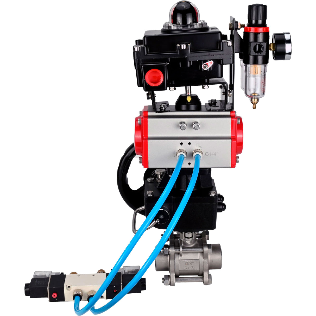 Ball valves Elephant BV3232P(3pc)-FP-W-ISO-H WDVF DN15-32 63 bar full bore, 316 stainless steel, PTFE, for welding, with PA-DA pneumatic actuator, pneumatic distributor 4V320-08 220V, LSU APL-410N EX, manual backup for MON, ATU AFC2000