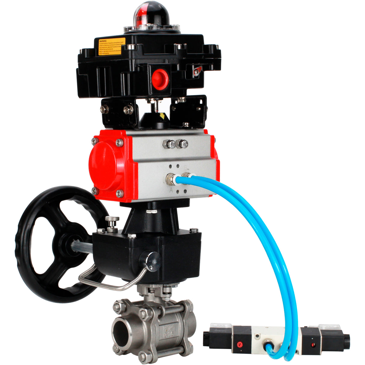 Ball valves Elephant BV3232P(3pc)-FP-W-ISO-H WDVF DN15-32 63 bar full bore, 316 stainless steel, seal - PTFE, for welding, with PA-DA pneumatic actuator, with pneumatic distributor 4V320-10 220V, LSU APL-410N EX, manual backup for MON