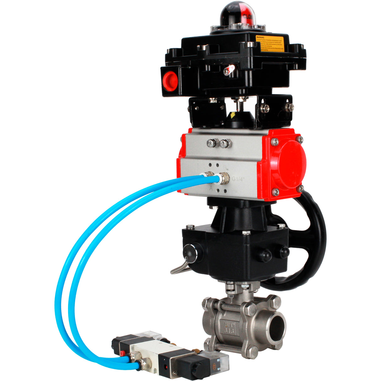 Ball valves Elephant BV3232P(3pc)-FP-W-ISO-H WDVF DN15-32 63 bar full bore, 316 stainless steel, seal - PTFE, for welding, with PA-DA pneumatic actuator, with pneumatic distributor 4V320-10 220V, LSU APL-410N EX, manual backup for MON