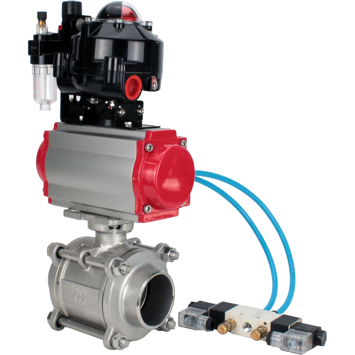 Ball valves Elephant BV3232P(3pc)-FP-W-ISO-H WDVF DN15-32 63 bar full bore, body - 316 stainless steel, seal - PTFE, for welding, with PA-DA pneumatic actuator, pneumatic distributor 4V320-08 220V, LSU APL-510N EX, ATU AFC2000