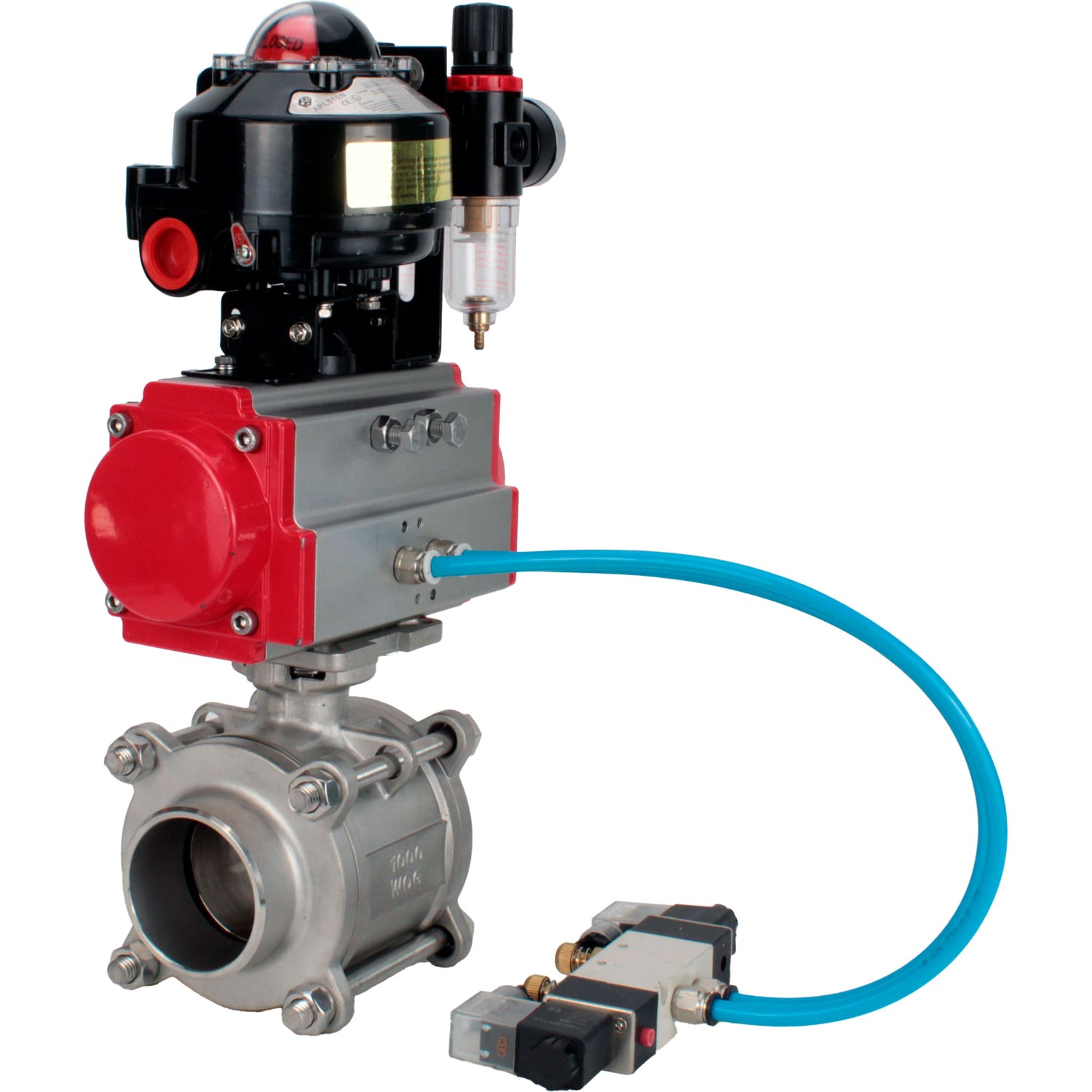 Ball valves Elephant BV3232P(3pc)-FP-W-ISO-H WDVF DN15-32 63 bar full bore, body - 316 stainless steel, seal - PTFE, for welding, with PA-DA pneumatic actuator, pneumatic distributor 4V320-08 220V, LSU APL-510N EX, ATU AFC2000