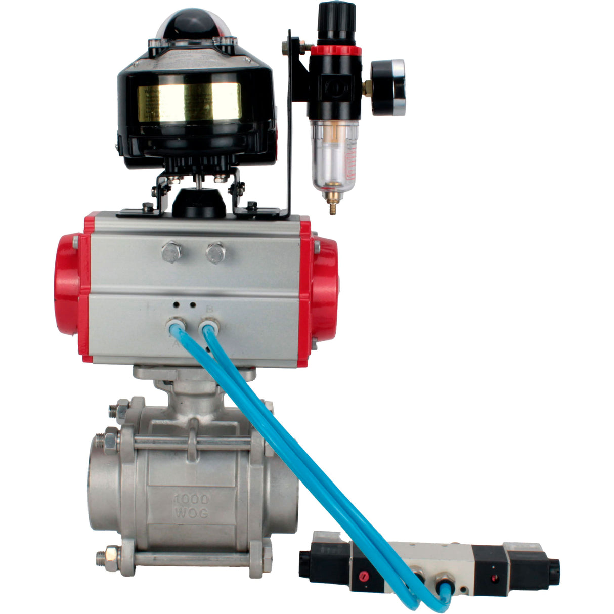 Ball valves Elephant BV3232P(3pc)-FP-W-ISO-H WDVF DN15-32 63 bar full bore, body - 316 stainless steel, seal - PTFE, for welding, with PA-DA pneumatic actuator, pneumatic distributor 4V320-08 220V, LSU APL-510N EX, ATU AFC2000