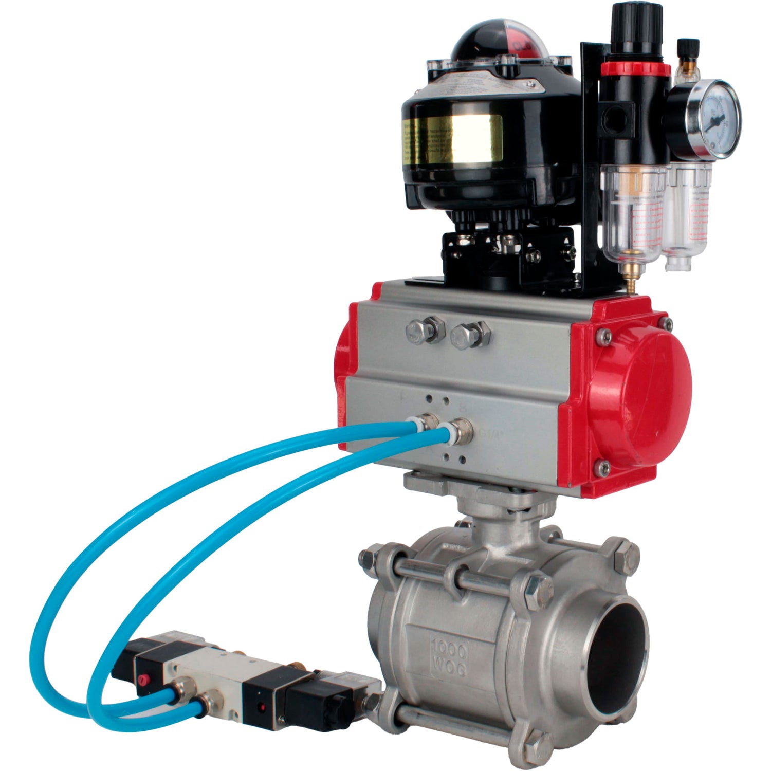 Ball valves Elephant BV3232P(3pc)-FP-W-ISO-H WDVF DN15-32 63 bar full bore, body - 316 stainless steel, seal - PTFE, for welding, with PA-DA pneumatic actuator, pneumatic distributor 4V320-08 220V, LSU APL-510N EX, ATU AFC2000