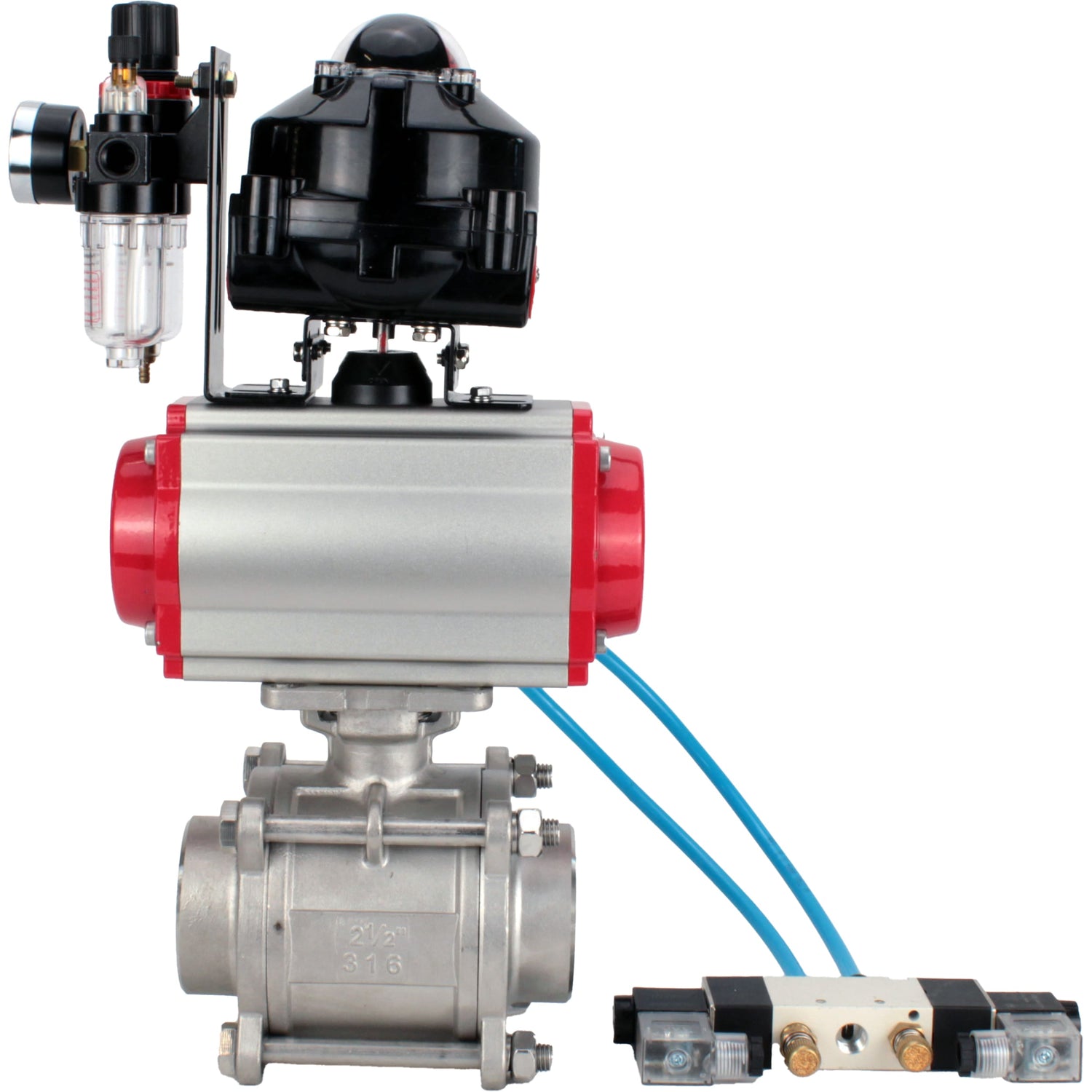 Ball valves Elephant BV3232P(3pc)-FP-W-ISO-H WDVF DN15-32 63 bar full bore, body - 316 stainless steel, seal - PTFE, for welding, with PA-DA pneumatic actuator, pneumatic distributor 4V320-08 220V, LSU APL-510N EX, ATU AFC2000