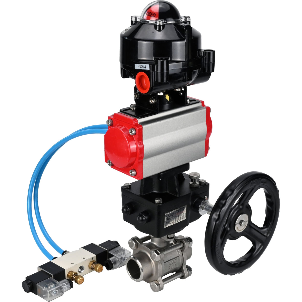 Ball valves Elephant BV3232P(3pc)-FP-W-ISO-H WDVF DN15-32 63 bar full bore, 316 stainless steel, seal - PTFE, for welding, with PA-DA pneumatic actuator, with pneumatic distributor 4V320-10 220V, LSU APL-510N EX, manual backup for MON