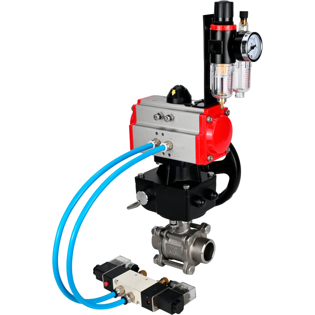 Ball valves Elephant BV3232P(3pc)-FP-W-ISO-H WDVF DN15-32 63 bar full bore, 316 stainless steel, seal - PTFE, for welding, with PA-DA pneumatic actuator, with pneumatic distributor 4V320-10 220V, manual backup for MON, ATU AFC2000