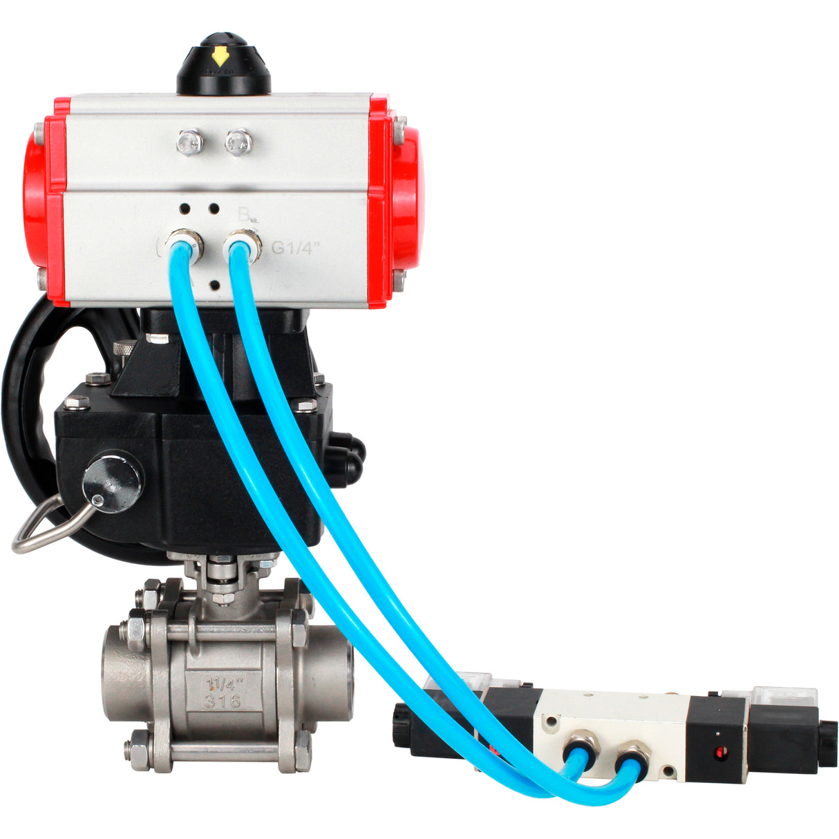 Ball valves Elephant BV3232P(3pc)-FP-W-ISO-H WDVF DN15-32 63 bar full bore, body - 316 stainless steel, seal - PTFE, for welding, with PA-DA pneumatic actuator, pneumatic distributor 4V320-08 220V, manual backup for MON