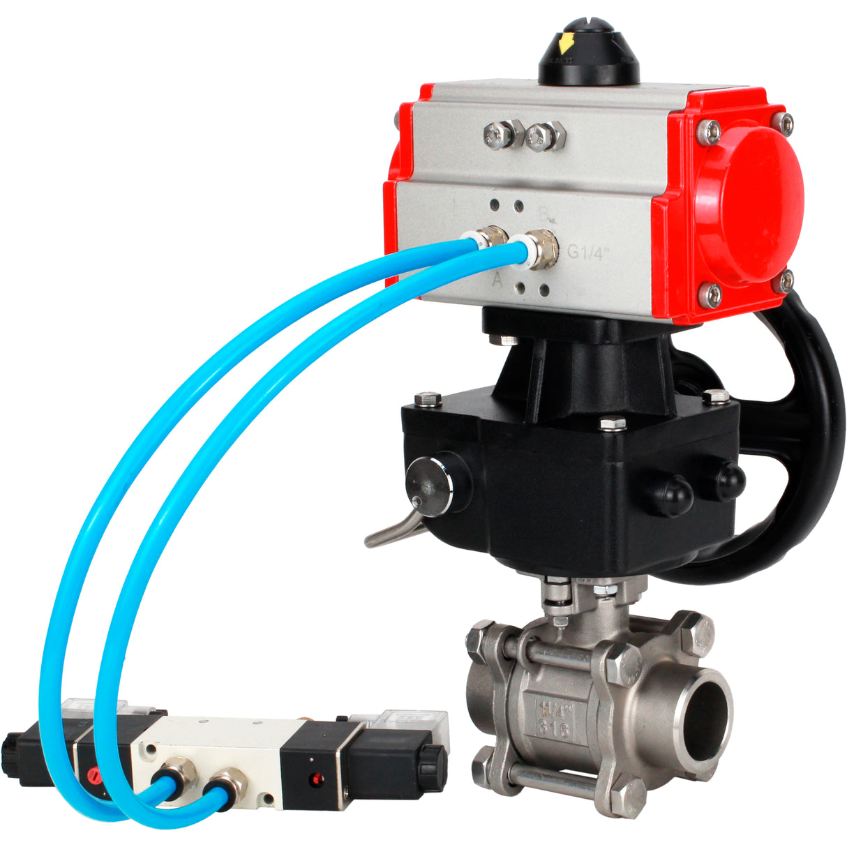 Ball valves Elephant BV3232P(3pc)-FP-W-ISO-H WDVF DN15-32 63 bar full bore, body - 316 stainless steel, seal - PTFE, for welding, with PA-DA pneumatic actuator, pneumatic distributor 4V320-08 220V, manual backup for MON