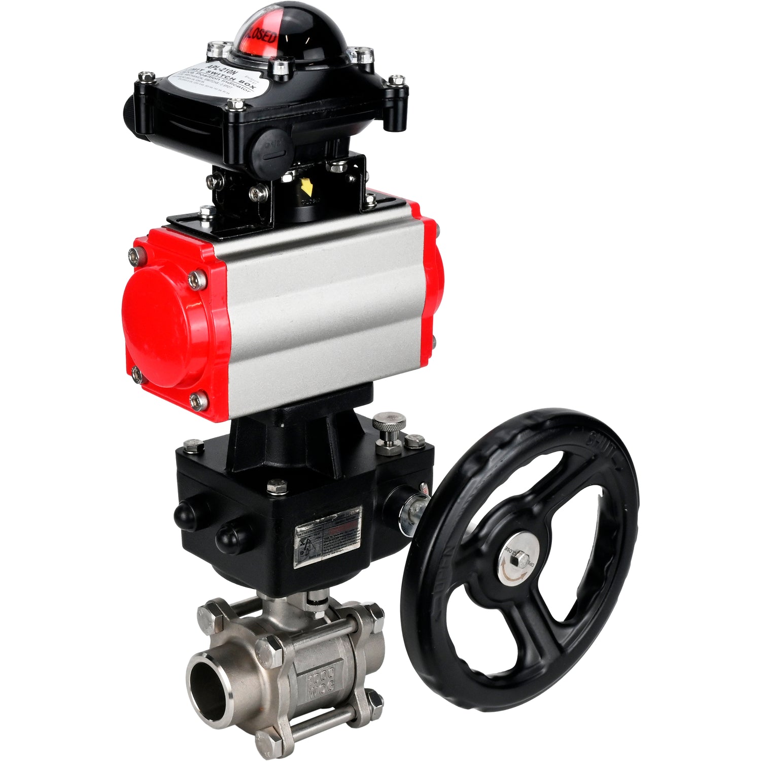 Ball valves Elephant BV3232P(3pc)-FP-W-ISO-H WDVF DN15-32 63 bar full bore, body - 316 stainless steel, seal - PTFE, for welding, with PA-DA pneumatic actuator, LSU APL-210N, manual backup for MON