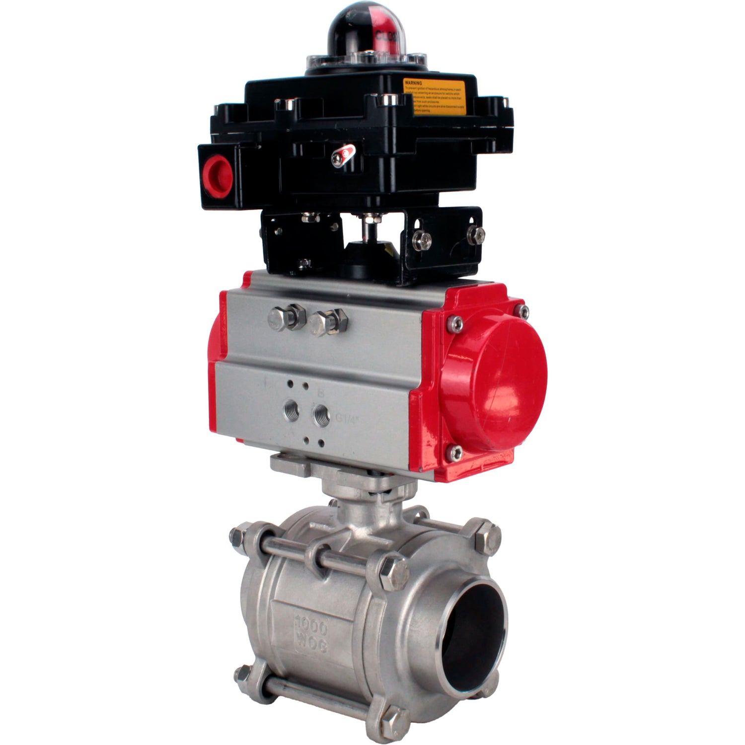 Ball valves Elephant BV3232P(3pc)-FP-W-ISO-H WDVF DN15-32 63 bar full bore, body - 316 stainless steel, seal - PTFE, for welding, with PA-DA pneumatic actuator, LSU APL-410N EX