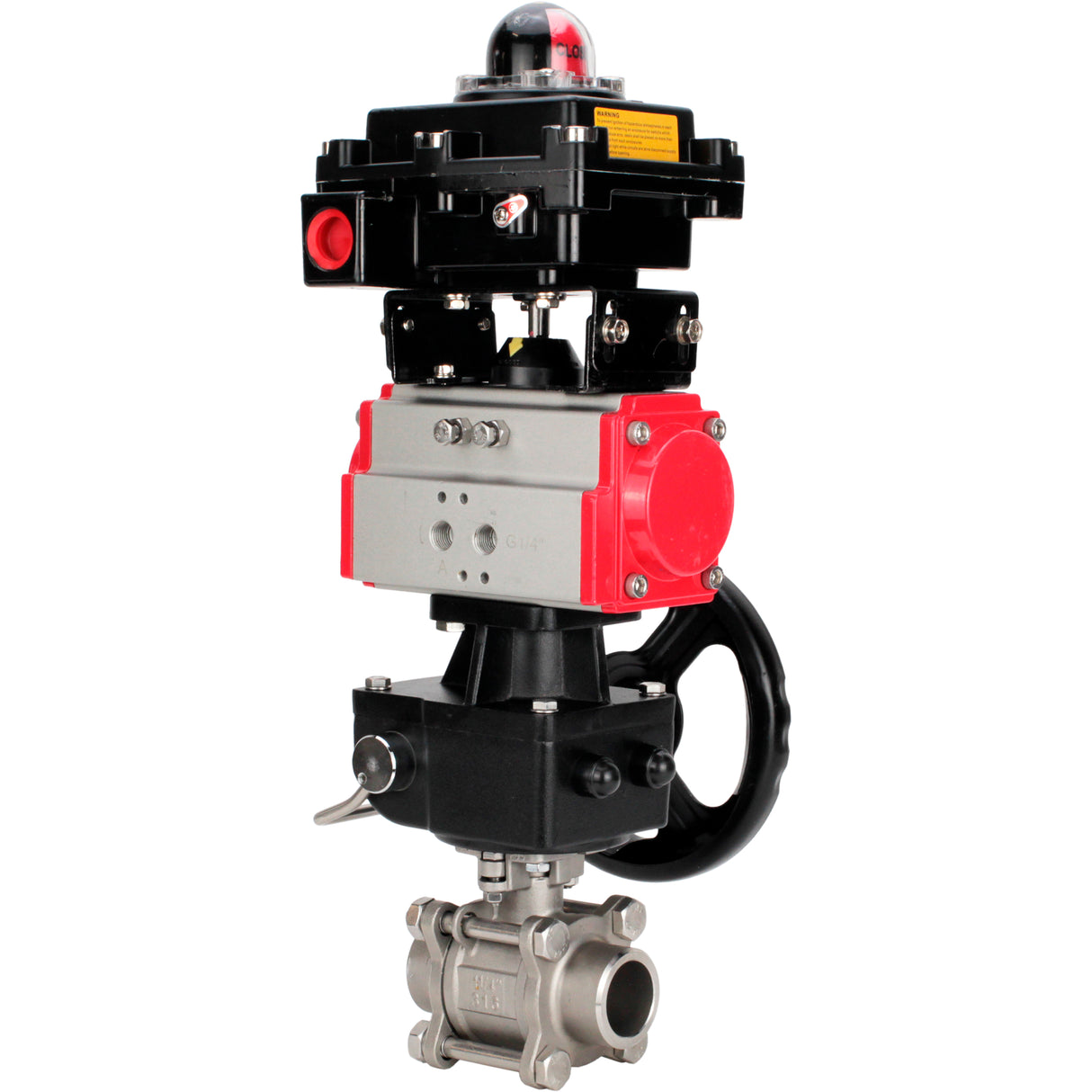 Ball valves Elephant BV3232P(3pc)-FP-W-ISO-H WDVF DN15-32 63 bar full bore, body - 316 stainless steel, seal - PTFE, for welding, with PA-DA pneumatic actuator, LSU APL-410N EX, manual backup for MON