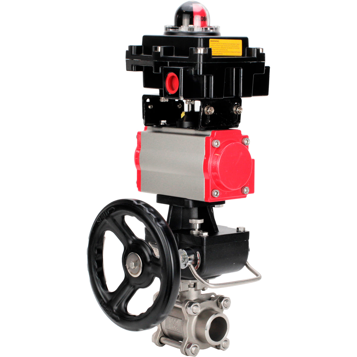 Ball valves Elephant BV3232P(3pc)-FP-W-ISO-H WDVF DN15-32 63 bar full bore, body - 316 stainless steel, seal - PTFE, for welding, with PA-DA pneumatic actuator, LSU APL-410N EX, manual backup for MON