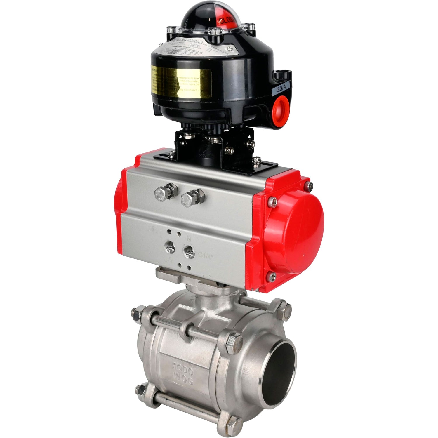 Ball valves Elephant BV3232P(3pc)-FP-W-ISO-H WDVF DN15-32 63 bar full bore, body - 316 stainless steel, seal - PTFE, for welding, with PA-SA pneumatic actuator, LSU APL-510N EX